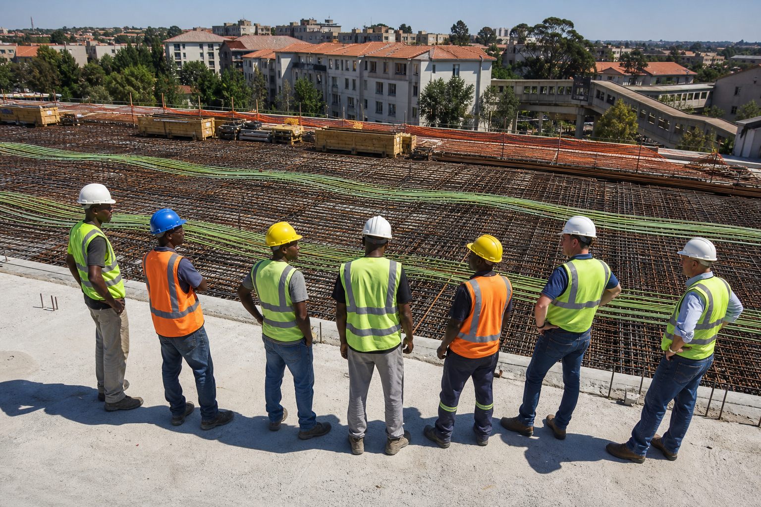 Construction crew on a rebar foundation site